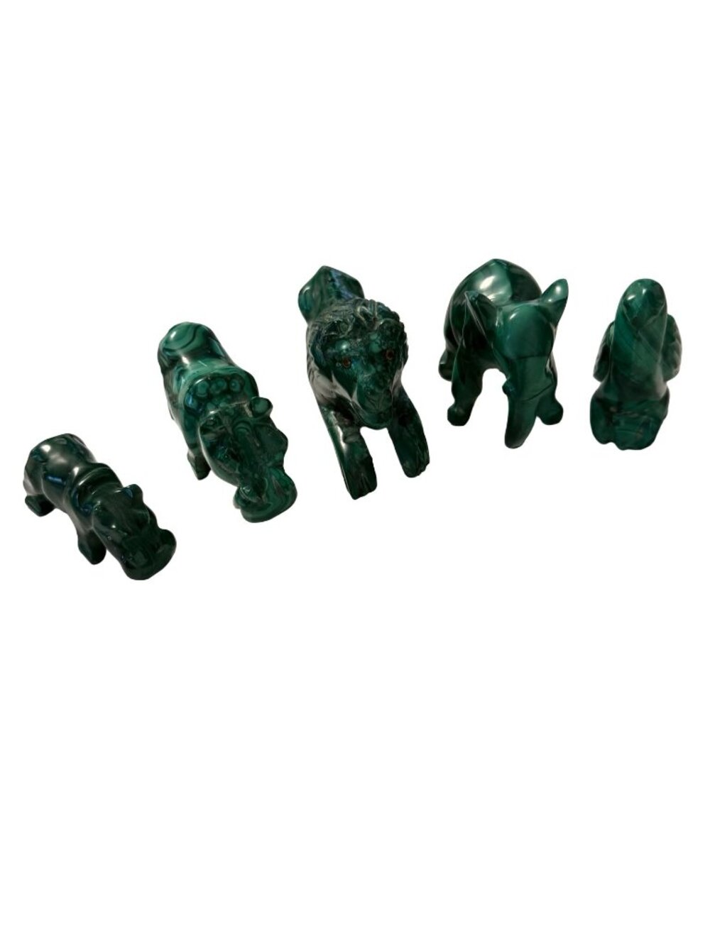Lot of 5 Malachite Stone Animal Figurines Lion Elephant Bird Hippo Hand Carved